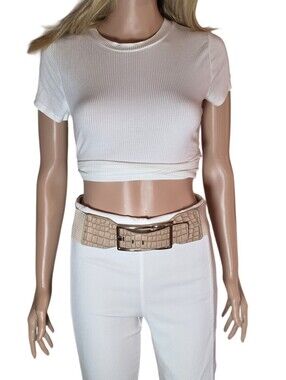 Vintage Wide Beige Croc-Embossed Elastic Cinch Belt - Gold Buckle